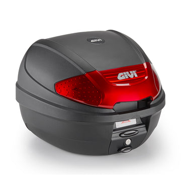 E300 - Monolock Topcase, 30 L., schwarz – mit rotem Reflektor, mit Platte u. Universalkit