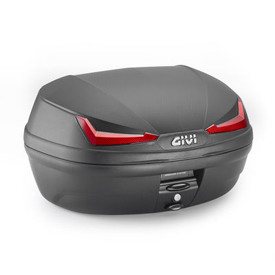 E455 Simply IV Monolock Topcase, mit Platte – 45 L., schwarz, mit roten Reflektoren