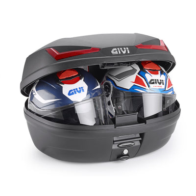 E455 Simply IV Monolock Topcase, mit Platte – 45 L., schwarz, mit roten Reflektoren