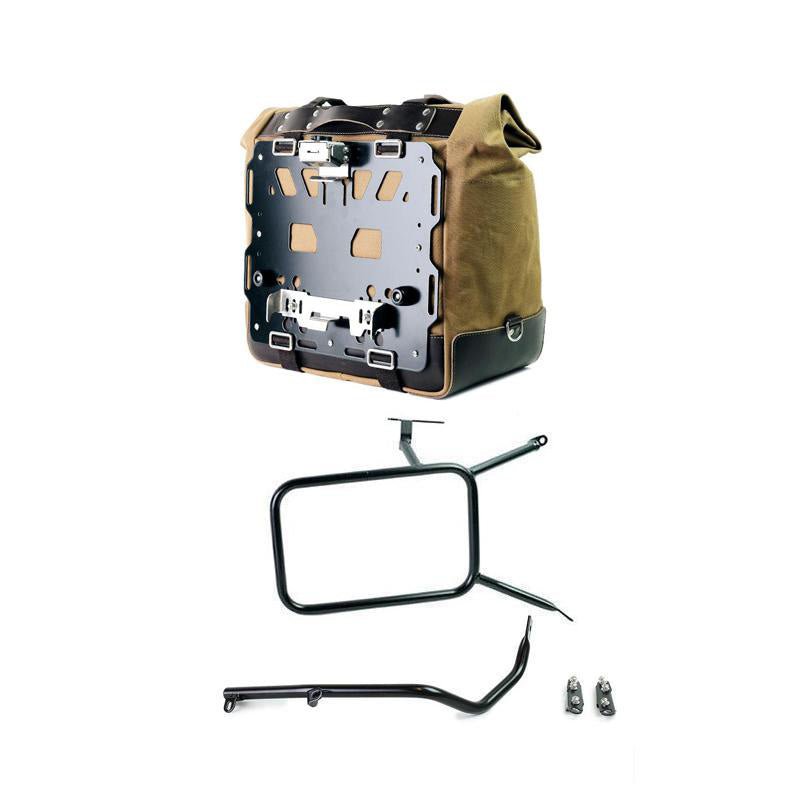 BMW R nineT 1200 Scrambler [2016-2023] - Kultige Seitentasche in Canvas 40L - 50L + Aluminiumplatte + rechter Rahmen für Atlas Aluminiumtasche