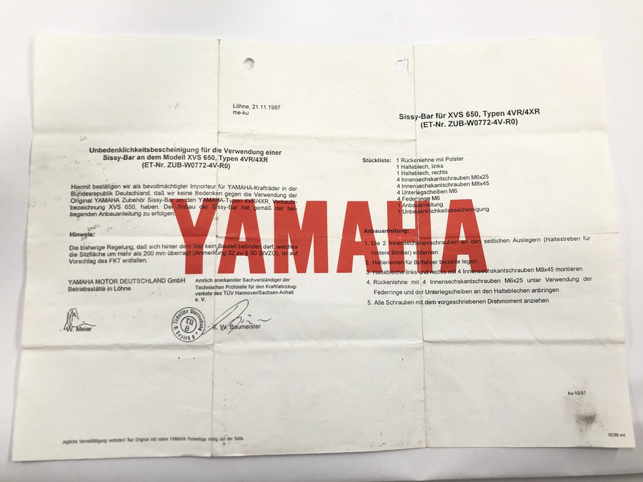 Yamaha XVS 650 4VR [1997] - Sissybar Rückenlehne Soziuslehne mit Gutachten Chrom