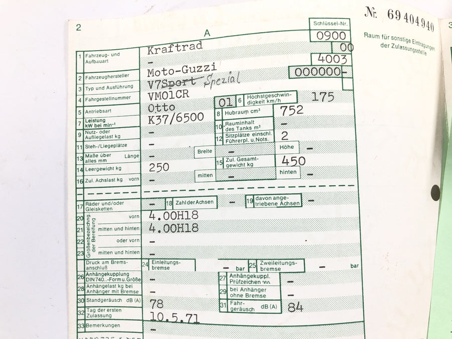Moto Guzzi V7 Special [1971] - frame with registration document main frame chassis chassis base frame